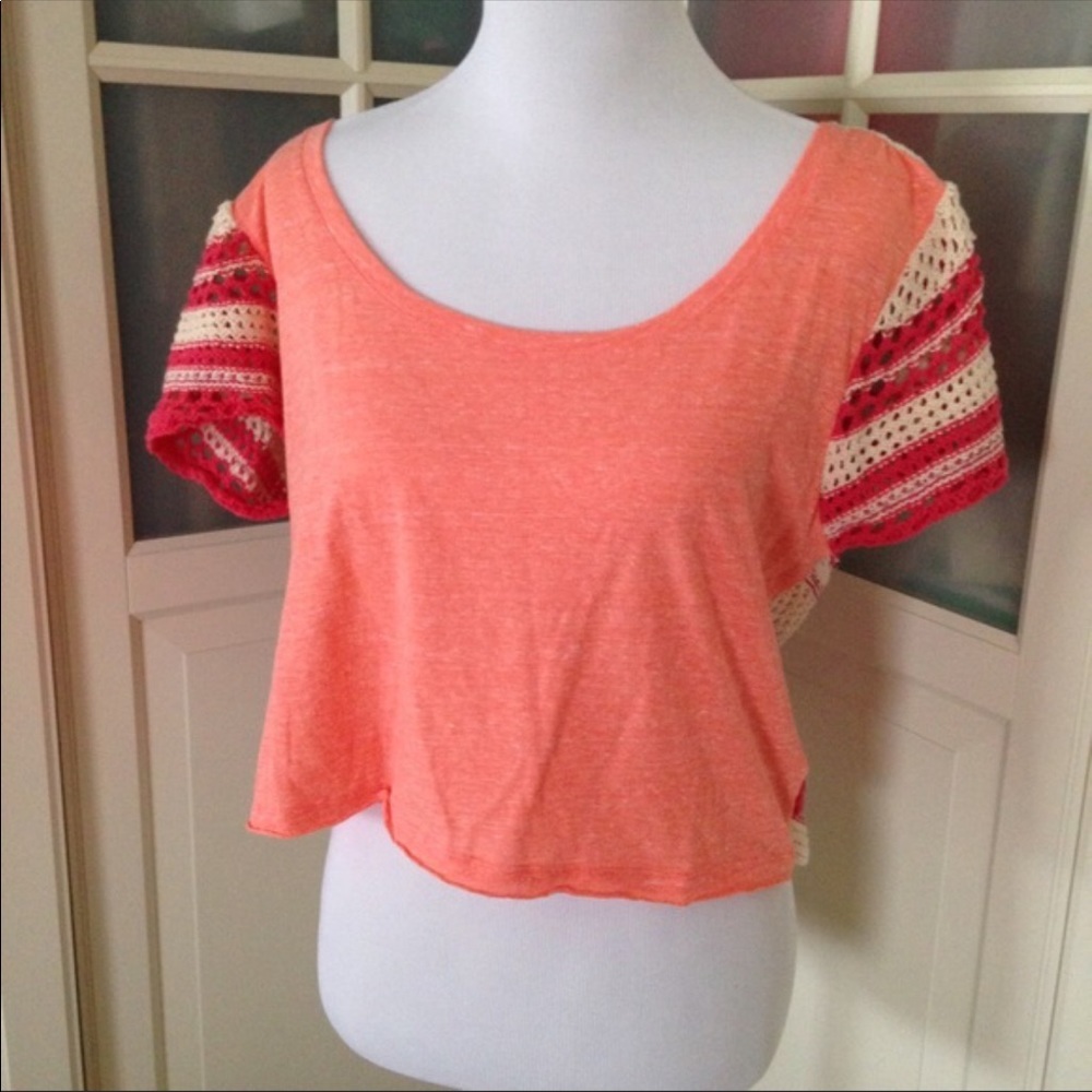 FREE PEOPLE coral crochet crop top